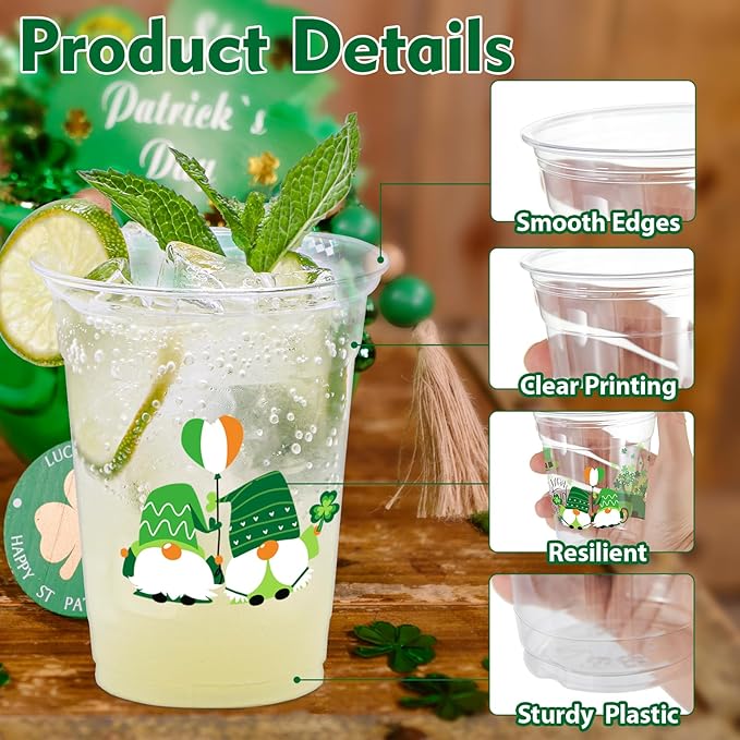 100 Pcs St. Patrick's Day Party Cups,12 oz St. Patrick Disposable Clear Plastic Cups Irish Green St Patrick's Day Party Lucky Clover Cups for St. Patrick Irish Birthday Party Irish Party Supplies