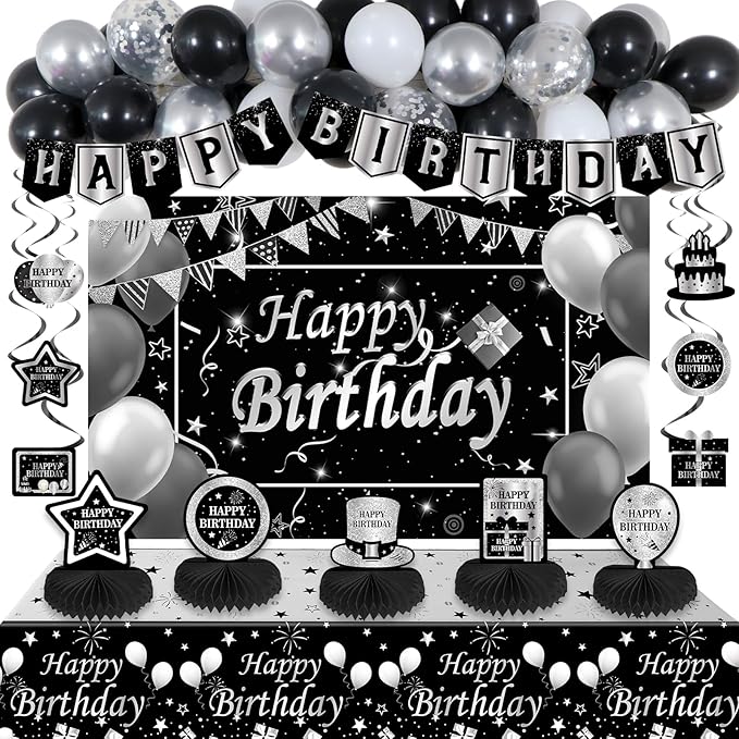 Black and Silver Birthday Decorations, BIack Birthday Decoretions for Men Women Boys Girls with Black Happy Birthday Banner Tablecloth Backdrop Balloons Arch Garland Kit Decorations Party Supplies