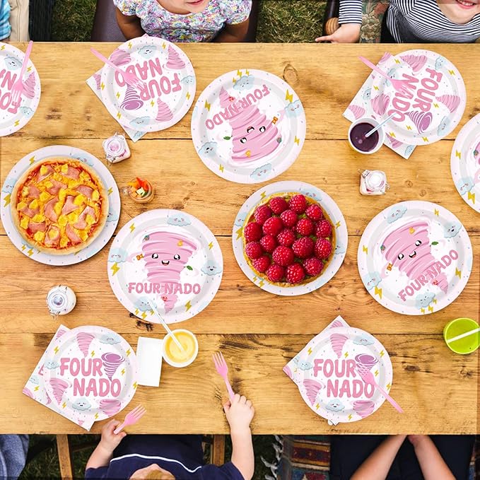 96 Pcs Fournado Birthday Party Decorations for Girl Pink Tornado 4th Birthday Plates and Napkins Tableware Set Four Nado Party Decor for Girls 4 Year Old Tornado Theme Baby Shower Supplies Serves 24