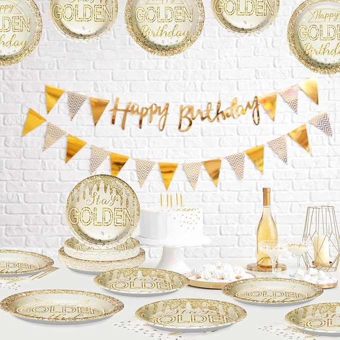 96Pcs Happy Golden Birthday Party Supplies 350GSM Gold Silver Diamond Paper Plates and Napkins Tableware Sets Golden Birthday Party Decorations for Women Men Anniversary Wedding Party Favors Serve 24
