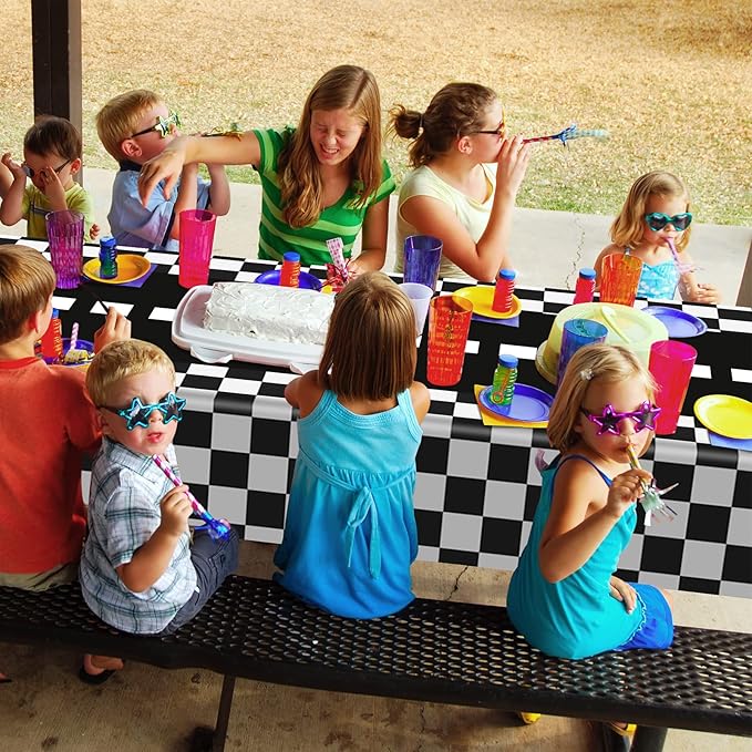 Tallew 2 Pcs Checkered Car Party Supplies Disposable Tablecloth Plastic Table Cover Black and White Checkered Race Table Runner for Racing Birthday Party Decor Favor Supplies (Black,White)