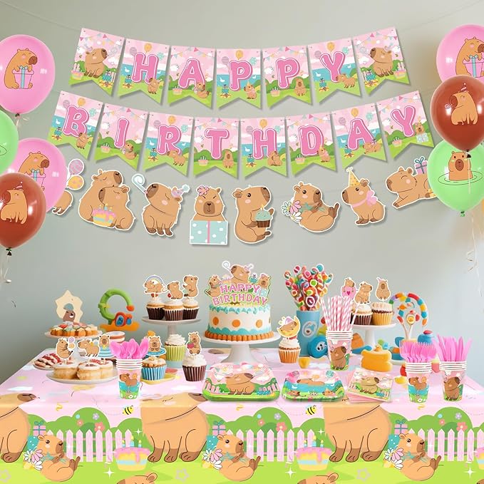 Pink Capybara Birthday Party Decorations - Capybara Party Supplies including Banner, Plate, Cake Topper, Cup, Napkin, Balloon, Tablecloth - Serves 20