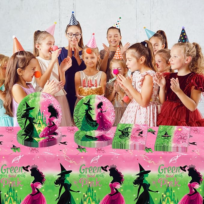 41 PCS Pink and Green Witch Party Decorations Include Pink Plates, Green Plates, Napkins, Tablecloth for Witch Birthday Party Decorations