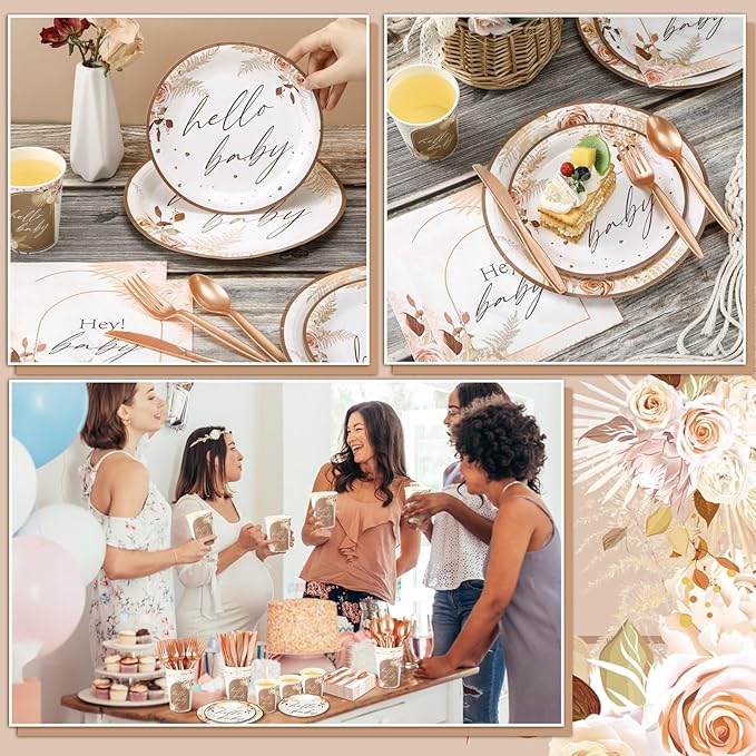 Dandat 350 Pcs Baby Shower Plates Set Baby Shower Party Supplies Serves 50 Tableware Sets Include Plates Napkin Cup Forks Knives Spoons Disposable Dinnerware(Boho Pampas Grass,Brown)