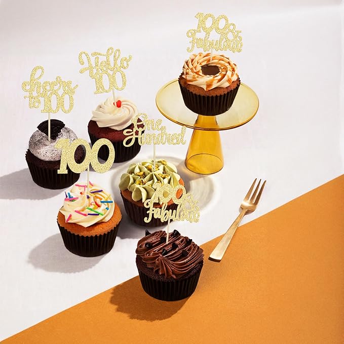 30pcs Happy 100th Birthday Cupcake Toppers - Gold Glitter One Hundred Cheers to 100 Years Old Cupcake Picks for Anniversary Party Cake Decorations