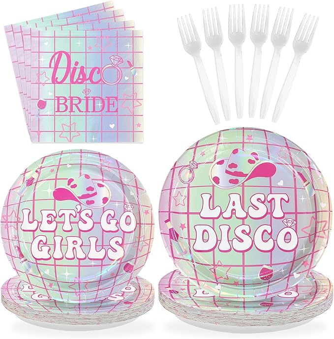 96Pcs Last Disco Bachelorette Party Decorations Disco Ball Bachelorette Plates and Napkins Set Lets Go Girls Bride to Be Decoration for Disco Bridal Shower Wedding Engagement Party Supplies Serves 24