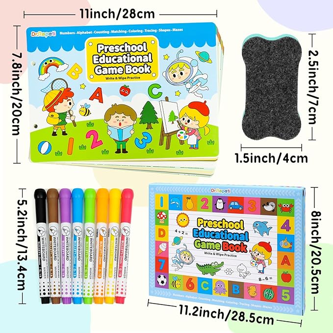 Dr.Rapeti Preschool Learning Activities Educational Workbook Busy Book 58 Pages 8 Dry Erase Markers Prek Montessori Handwriting Practice Activity Tracing Toy Early Learning Toy for 3 years+