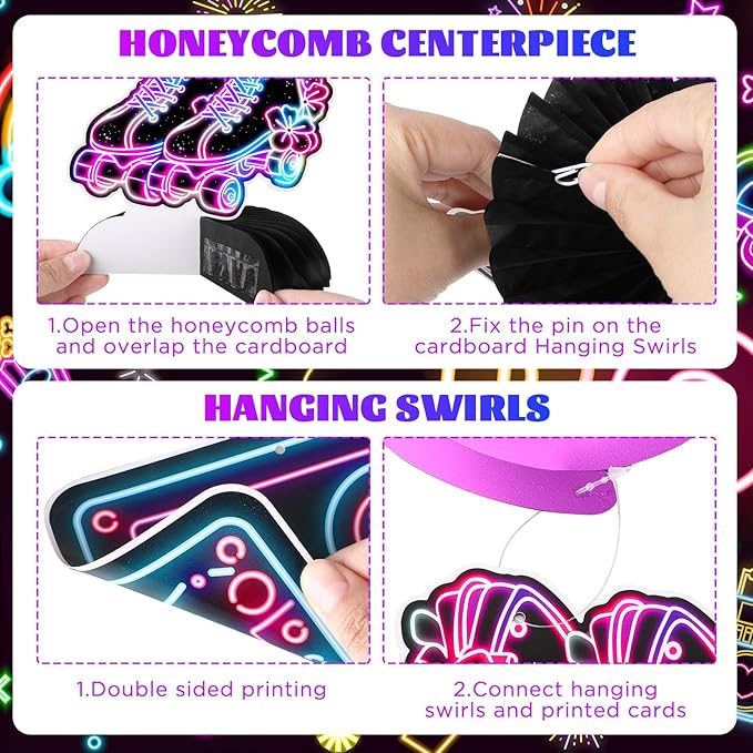 Roller Skating Party Decorations Glow Neon Happy Birthday Banner Let's Roll Backdrop Retro Roller Skating Honeycomb Centerpieces Hanging Swirl Decor for Kids Adults Hip Hop Rollerskate Party Supplies