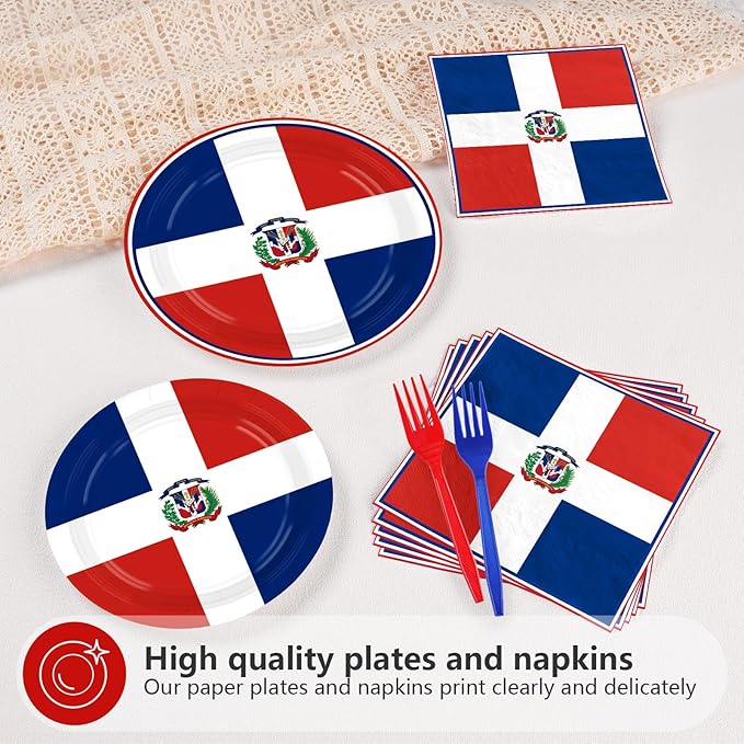 96Pcs Dominican Republic Flag Party Decorations Dominican National Plates and Napkins Red White and Blue Flag Tableware Set for Patriotic Country Festival Party Supplies Serves 24