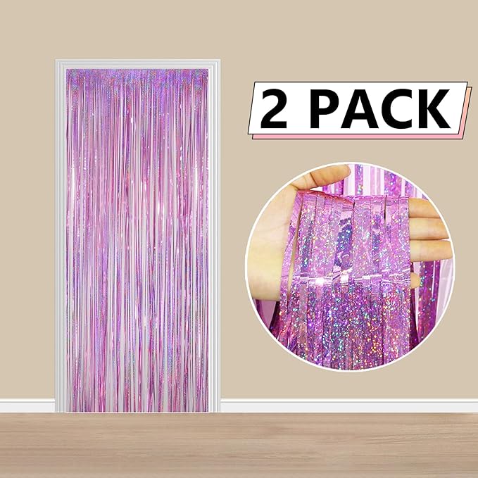 2 Pack Pink Foil Fringe Curtains, 3.3x6.6 Ft Metallic Tinsel Backdrop Party Decorations Door Pink Streamers for Birthday Wedding Engagement Decor,Photo Booth Props, Party Supplies