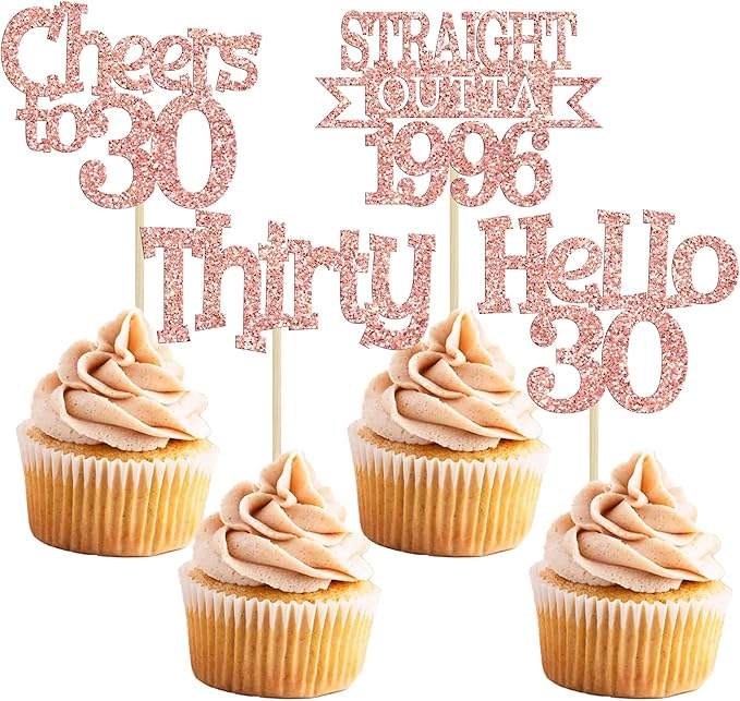 Ephlyn 24Pcs Happy 30th Birthday Cupcake Toppers Glitter ThirtyCupcake Picks Hello 30 Cheers to 30 Years Cake Decorations for 30th Birthday Anniversary Party Decorations Supplies Rose Gold