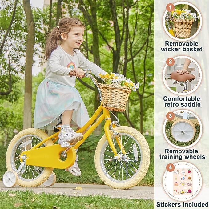 Petimini Vintage Kids Bike for Girls, 12–20 Inch Classic Bicycle with Wicker Basket & Bell, High Tensile Steel Frame, Training Wheels (12–18”), 85% Pre-Assembled, Retro Bike for Outdoor Riding