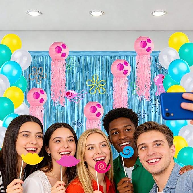 Yellow Cartoon Party Decorations Jellyfish Flowers Hanging Swirls Cartoon Ocean Theme Hanging Decor Under the Sea Party Decorations Photo Props Background for Birthday Party Supplies
