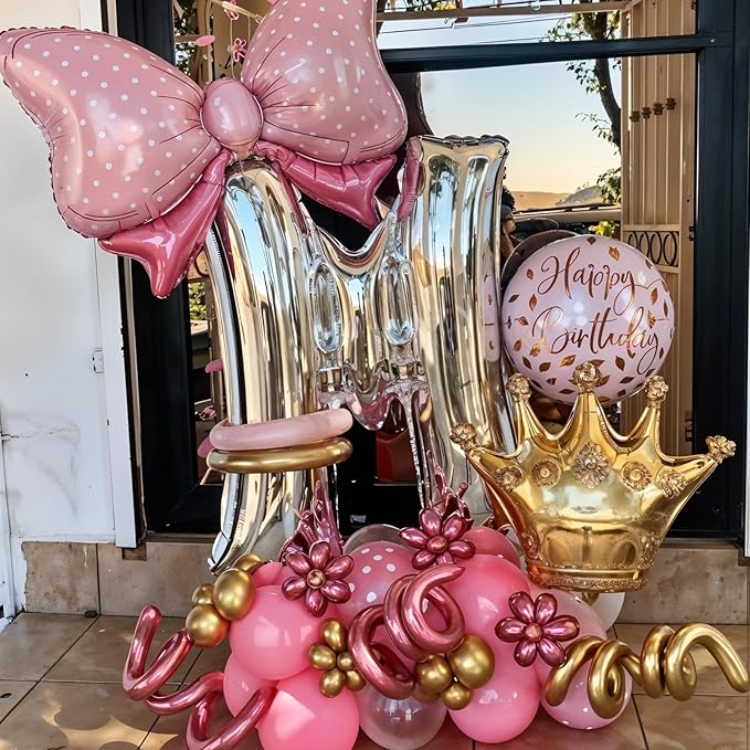 Pink Bow Balloons Different Sizes, Pink Mouse Birthday Decorations Large Polka Dot Bow Foil Mylar Balloons for Girls Kids Cartoon Mouse Theme Oh Twodles Birthday Baby Shower Gender Reveal Party