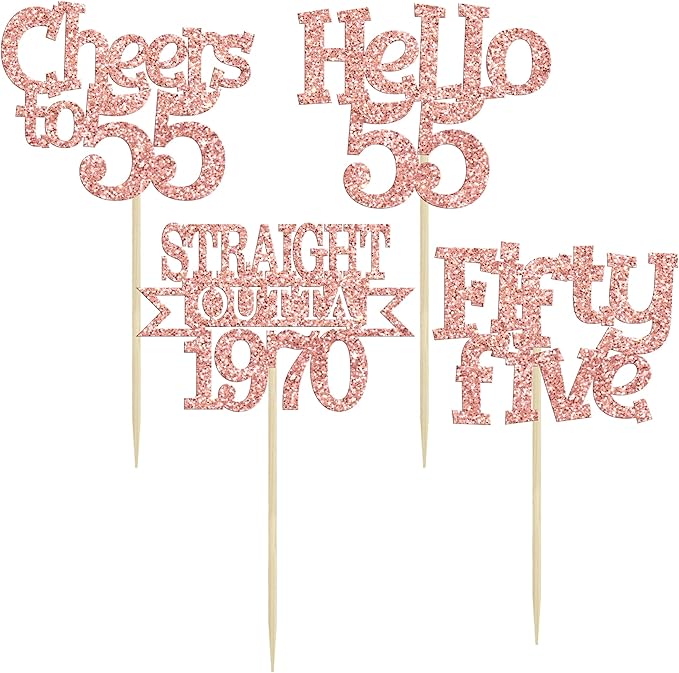 Ephlyn 24Pcs 55th Birthday Cupcake Toppers Glitter Straight Outta 1970 Cupcake Picks Hello 55 Cheers to 55 Years Cake Decorations for 55th Birthday Anniversary Party Decorations Supplies Rose Gold