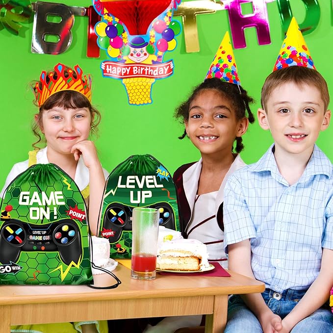 Eccliy 20 Pcs Video Game Party Favor Bags Gamer Birthday Party Drawstring Bags for Kids Boys Girls 12 x 10 Inch Gaming Goodie Treat for Game on Theme Decorations Supplies(Green,Fresh Style)