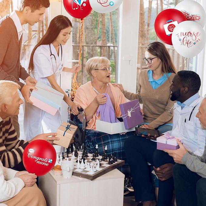 Skylety 48 Pieces Nurse Balloons 12 Inch Congrats Nursing Latex Balloons Bulk Party Decoration Supplies Nursing School Graduation Decoration for Happy Nurse Week Cna(Red and White)