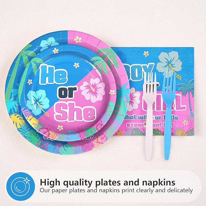 96Pcs Hawaiian Party Decorations Hawaii Tropical Cartoon Plates and Napkins Sets Blue and Pink Hawaiian Aloha Decorations for Boy or Girl He or She Gender Reveal Baby Shower Party Supplies Serves 24