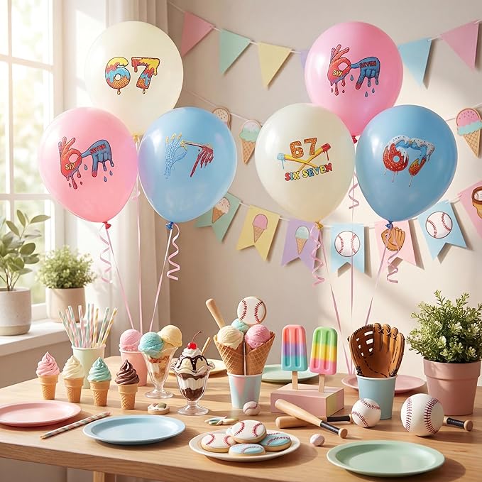 30 Pcs 67 Birthday Decorations, 10 Inch 67 Me Me Themed Balloons with 32.8 ft Ribbon Ice Cream Drip Balloon Decorations for Birthday Party Backdrop Supplies