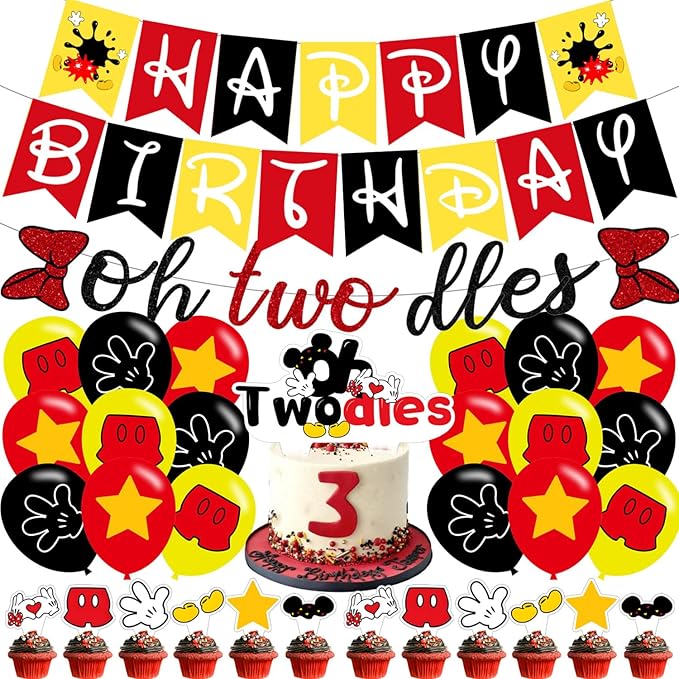 Oh Twodles Banner ,Happy 2nd Birthday Party Decor for Girls Boys - Cartoon Mouse Second 2nd Birthday Theme 2nd Birthday Party Decorations Supplies