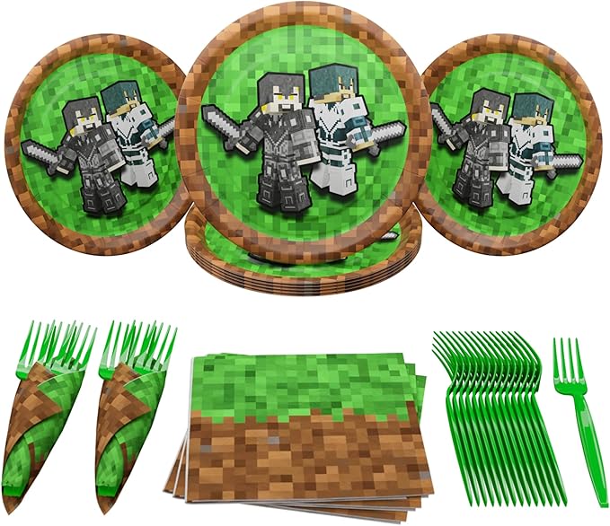 Pixel Warrior Value Party Supplies (64 pieces for 20 Guests) - Video Game Party Supplies, Video Game Birthday Decorations, Mining Craft Party, Pixel Miner Party, Video Game Birthday Party
