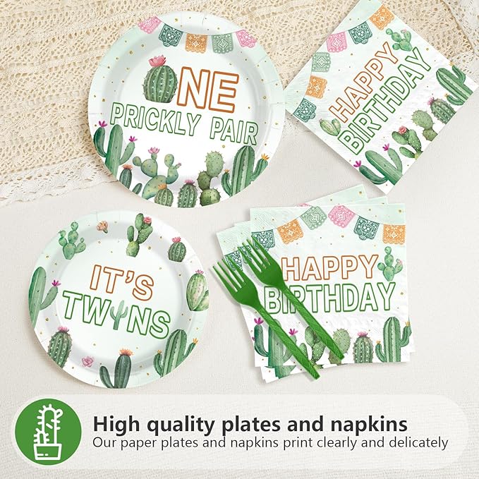 96Pcs Mexican Twins Baby Shower Decorations One Prickly Pair Plates and Napkins Mexico Fiesta 1st Birthday Decoration Favor for Twin Boys Girls Cactus Gender Reveal Birthday Party Supplies Serves 24