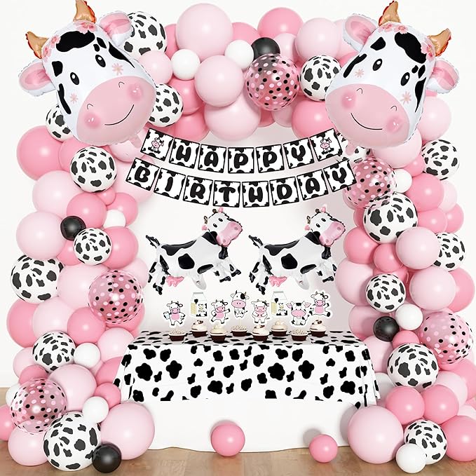 Amandir 115PCS Pink Cow Party Decorations - Balloon Garland Arch Kit with Cow Print Balloons, Happy Birthday Banner, Cake Topper for Girl Baby Shower, Farm Animals Themed Birthday Party Supplies