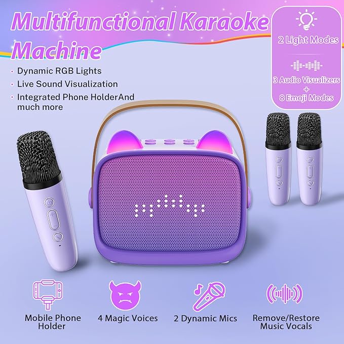 Mini Karaoke Machine for Kids Adults (2025 Upgraded), Portable Bluetooth Speaker with 2 Wireless Mics, Built-in Phone Holder and Emoji Animation, Birthday Gift for Boys Girls 3-12 Home Karaoke Party