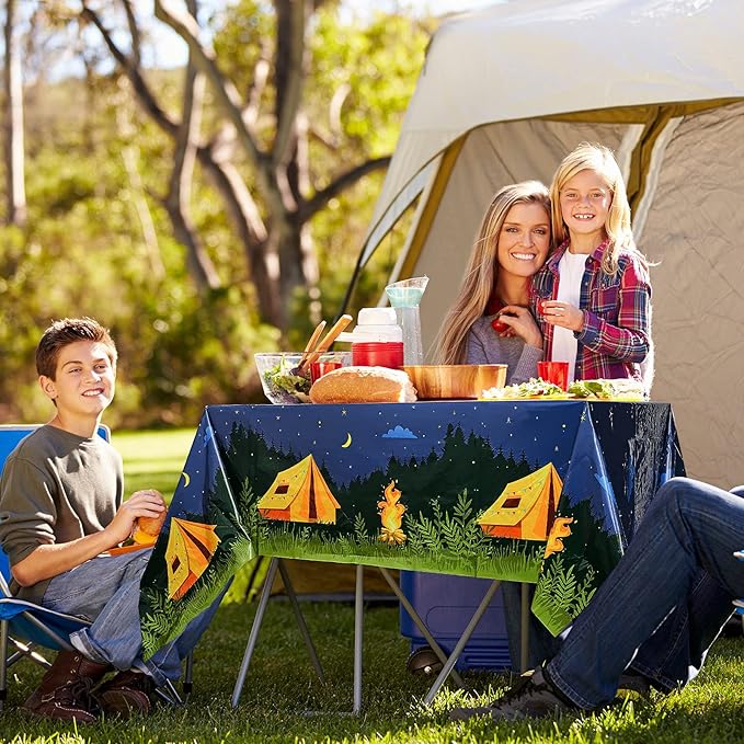 Breling 2 Pieces Camping Party Decorations Camping Tablecloth Plastic Rectangular Campfire Table Cover for Picnic Hiking Adventure Birthday Party Supplies