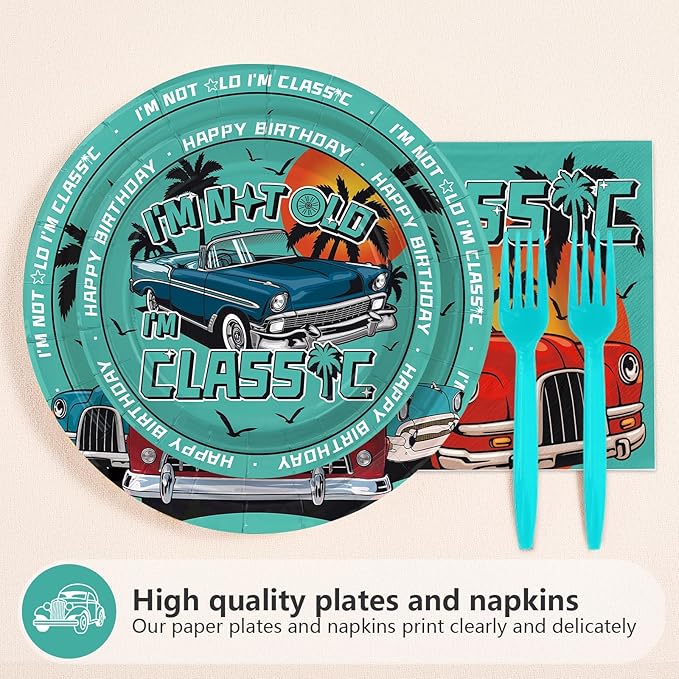 96Pcs Classic Car Birthday Decorations Red Blue Green Vintage Car Plates and Napkins I am Not Old I am Classic Decorations Favors for Men Birthday Retro Cars Theme Party Supplies Serves 24