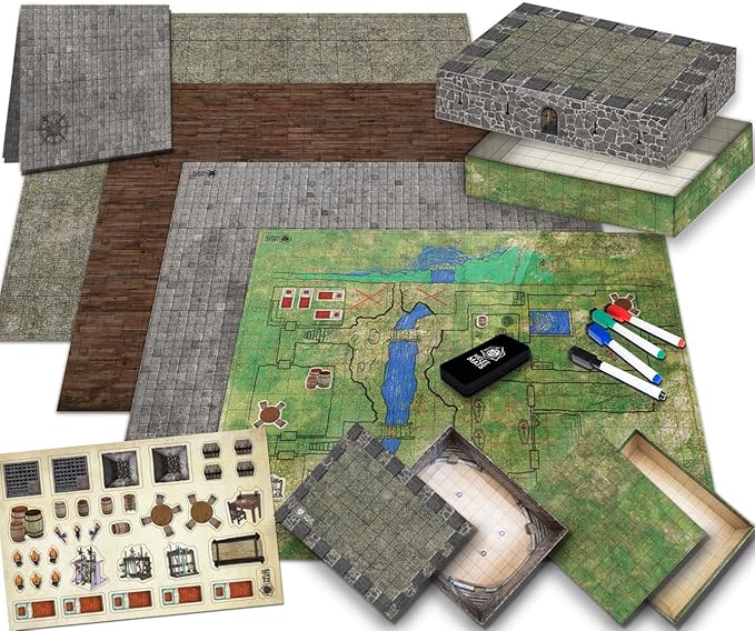 Melee Mats DND Map Starter Set - 22” x 26" Double Sided, Wet & Dry Erase Battle Terrain Grid for Dungeons and Dragons - Tabletop Board Gaming Kit with Accessories