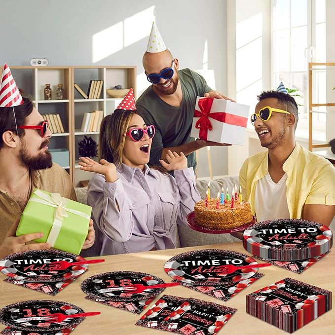 gisgfim 96 Pcs 18th Birthday Party Supplies Paper Plates Napkins Time To Adult Red Black 18 Years Old Birthday Party Dinner Dessert Tableware Set 18th Decorations Favors for Boys Girls Serves 24