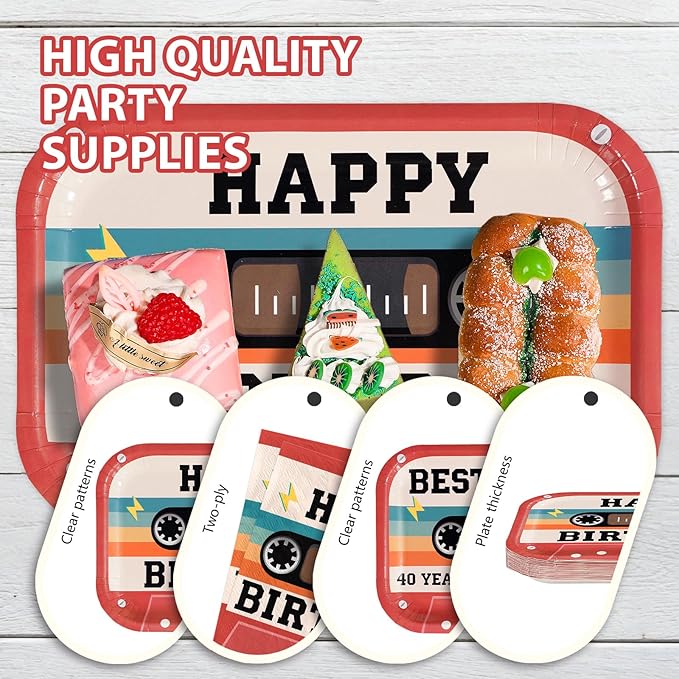 40th Birthday Decorations 96Pcs 40th Birthday Plates and Napkins Retro 80s Party Cassette Tape Disposable Tableware for 40 Year Old Women Men Retro Music Hip Hop Party Decorations