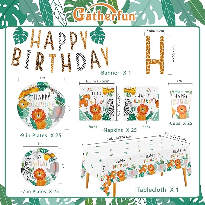 Safari Birthday Party Supplies Jungle Disposable Paper Plates Napkins Cups Tablecloth and Banner for Safari Jungle Theme Birthday Decorations, Serve 25