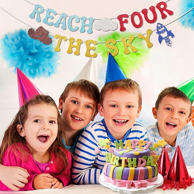 Glitter Reach Four The Sky Banner Cartoon Story 4th Birthday Party Decorations Toy Inspired Game Kids 4th Birthday Banner Party Supplies for Boy