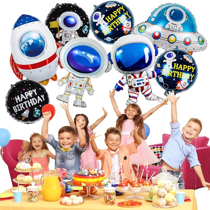 8 Pcs Space Balloons 33 Inch Astronaut Mylar Airship Planet Rocket Galaxy Foil Balloons for Outer Space Galaxy Themed Birthday Party Decorations