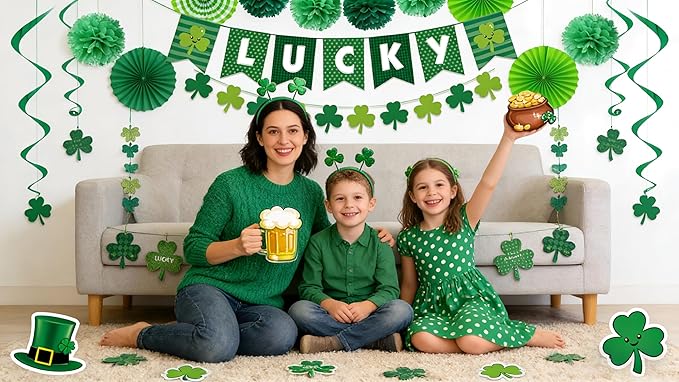 St Patricks Day Decorations Pre-Assembled Shamrock Lucky Banner Garlands Clover Hanging Swirls Irish Decor for Home Saint Patrick Party Supplies