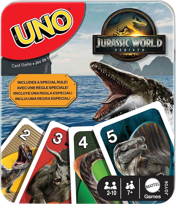 Mattel Games UNO Jurassic World Rebirth Card Game in a Collectible Tin for Kids, Adults & Family with Special Rule & Images Inspired by The Movie