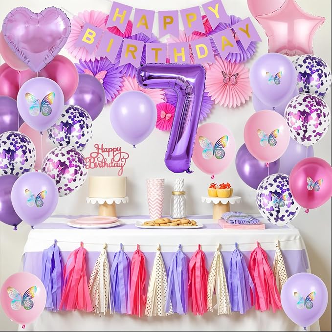 7th Pink Purple Birthday Decorations,Pink Purple 7th Birthday Balloons for Girls Lavender Party Decor Banner Number 7 Balloons Cake Topper Butterfly Party Decorations for 7 Year Old Girls