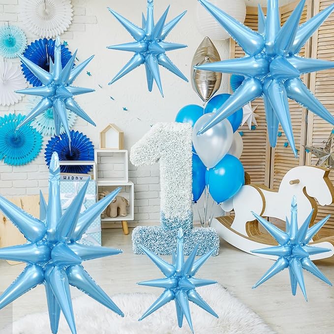 6 Pcs Light Blue Star Foil Balloons One-Piece 14-Pointed Star Balloon 4D Starburst Cone Mylar Balloon 22inch Christmas Birthday Wedding Wedding Anniversary Party Supplies (22&27 Inches Light Blue)