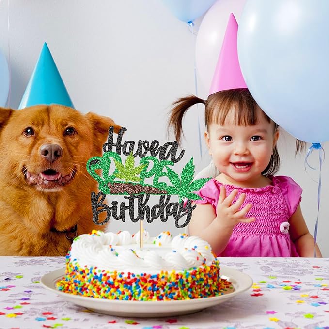 Ercadio 1 Pack Have a Dope Birthday Cake Topper Green Glitter Pot Leaf Weed Leaves Happy Birthday Cake Decor Marijuana Man Women Birthday Party Supplies