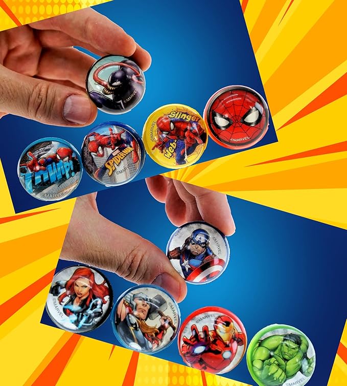 JA-RU Marvel Avengers Bouncy Superballs Super Hi Bounce 1.2" (Pack of Balls) Hulk, Thor, Cap America & Friends Fidget Balls Small Toys for Kids Prize Giveaways Gift. (Spiderman/Avengers 2 Packs)