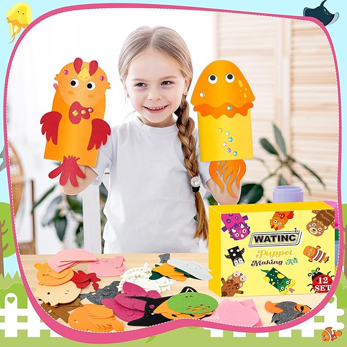 WATINC 12Pcs Hand Puppet Making Kit, Art Craft Felt Sock Puppet Toys, Creative DIY Make Your Own Pompoms Wiggle Googly Eyes Storytelling Role Play Party Supplies Gift for Girls Boys (Farm A Ocean A)