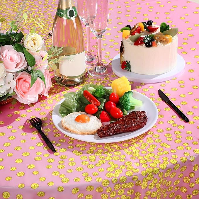 VitalCozy Round Dot Tablecloth 84 Inch Plastic Table Cover Polka Dot Confetti Tablecloths for Easter 2026 Graduation Prom Wedding Birthday Spring Party Supplies(Pink and Gold,3 Pcs)