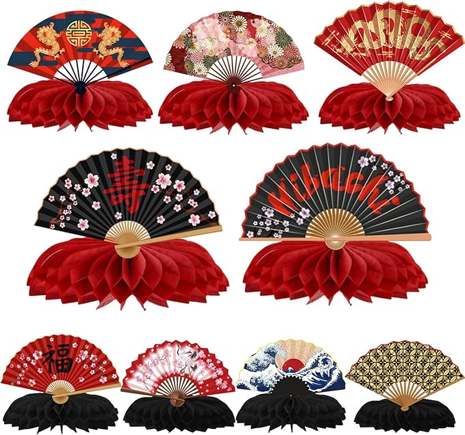 Gameza Hibachi Birthday Party Decorations - 9PCS Japanese Party Decorations Japanese Style Paper Fans Honeycomb Centerpieces Table Decor Asian Baby Shower Wedding Birthday Decor Supplies