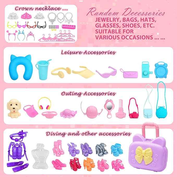 Doll Clothes and Accessories with Doll, Princess Gowns, Fashion Dresses, Jumpsuit,Slip Dresses, Hangers, Shoes, Dress up Toys for Girls Kids Toddlers Toy Birthday Gifts for Girls Age 3 4 5 6 7 8