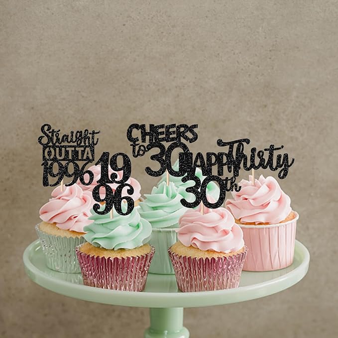 30PCS Black 30th Birthday Cupcake Toppers Glitter Thirty Happy 30th Straight Outta 1996 Cupcake Picks for Cheers to 30 Years 30th Birthday Wedding Anniversary Party Decoration Supplies