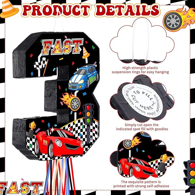 Race Car Piñata Pull String Cars Piñatas for Birthday Party Decorations Number 2 3 4 5 6 with Blindfold Stick Small Red Black Racing Theme 2nd 3rd 4th 5th 6th Party Supplies(Number 3)