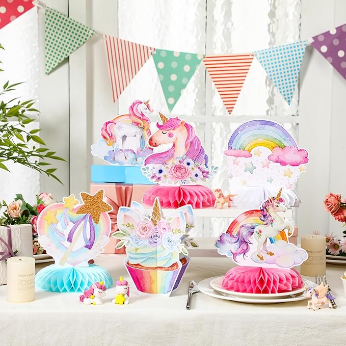 Pickmesh 12 Pcs Unicorn Birthday Party Decorations Unicorn Honeycomb Centerpieces 3D Pastel Double Sided Rainbow Cloud Cupcake Castle Table Decoration Table Topper for Princess Birthday Party Supplies