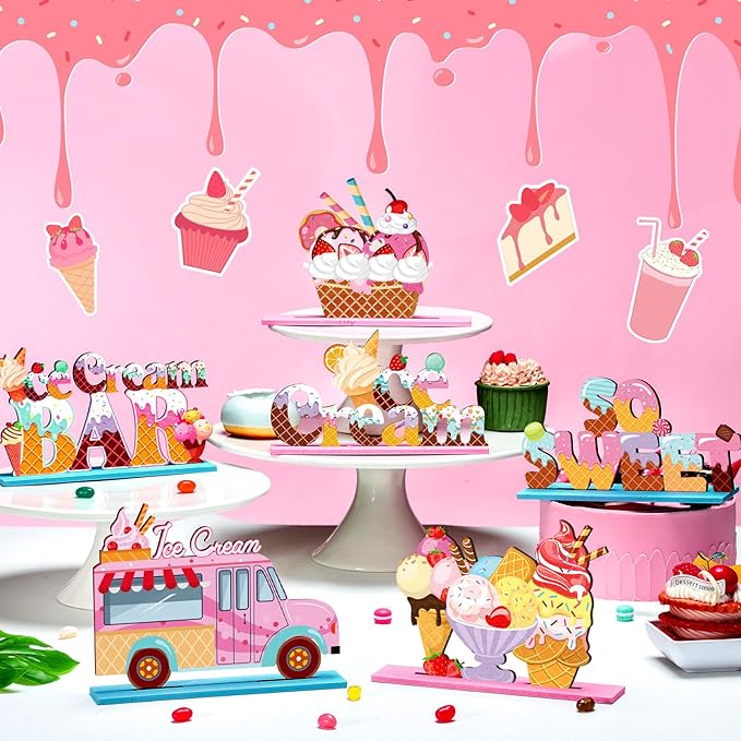 6 Pcs Ice Cream Table Wooden Decorations Ice Cream Sign Centerpiece Summer Home Decor Bar Party Decorations for Kids Birthday Party Summer Wedding Supplies